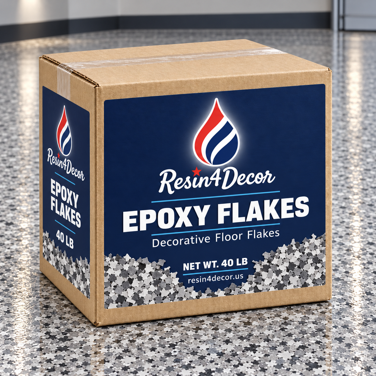 Resin4Decor Epoxy Flakes 40 lb box on a decorative flake floor